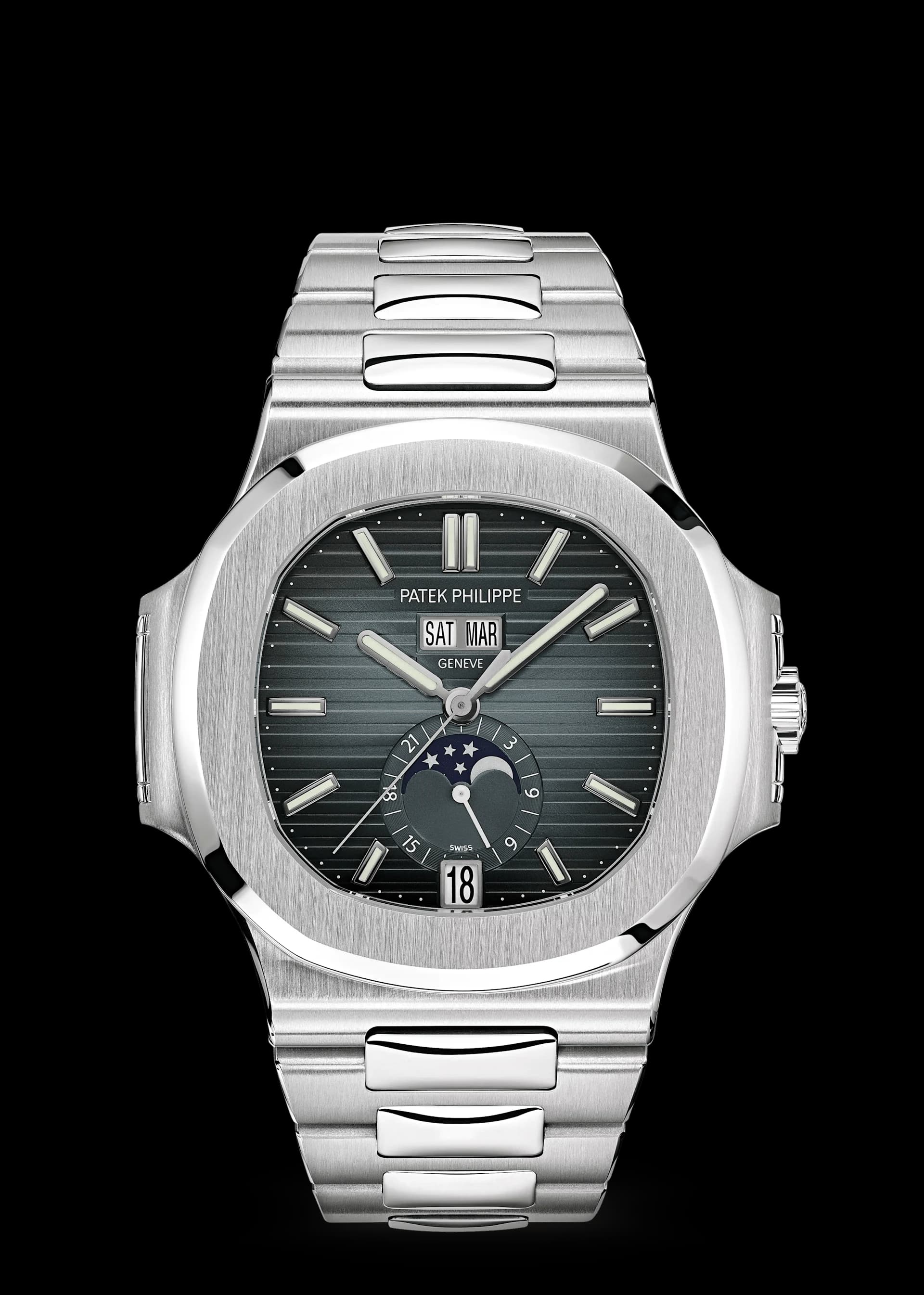 Reloj Patek Philippe Nautilus de acero con esfera gris, brazalete integrado y esfera de fase lunar, día, fecha y mes