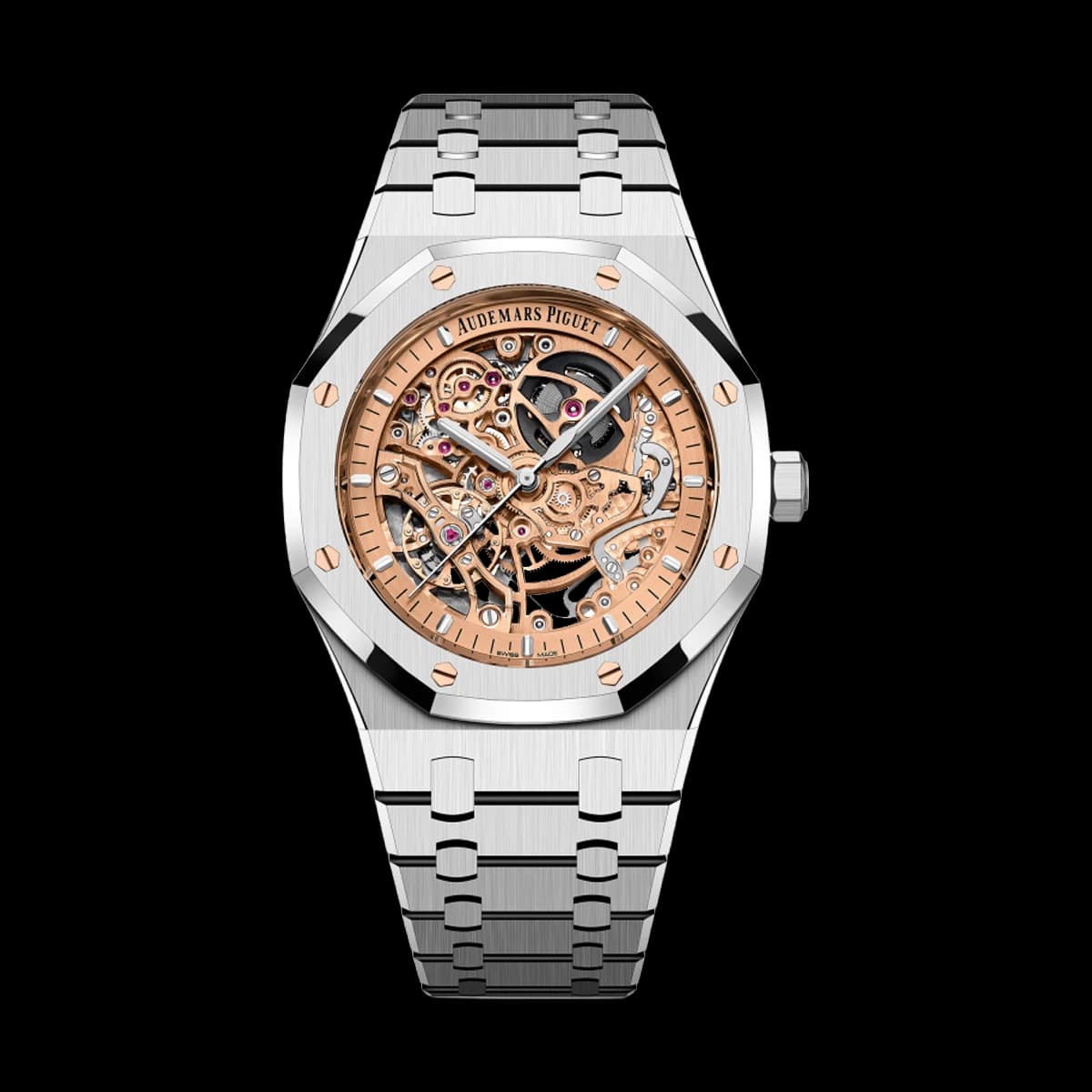 Audemars Piguet Royal Oak Openworked de frente: caja y brazalete de acero, esfera esqueletada en oro rosa que deja ver el movimiento